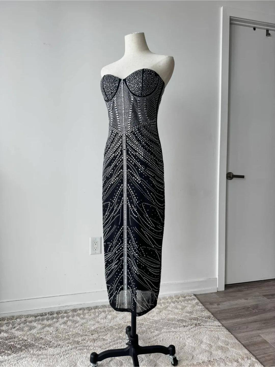 Black Embellished Rhinestone Strapless Midi Dress thumbnail