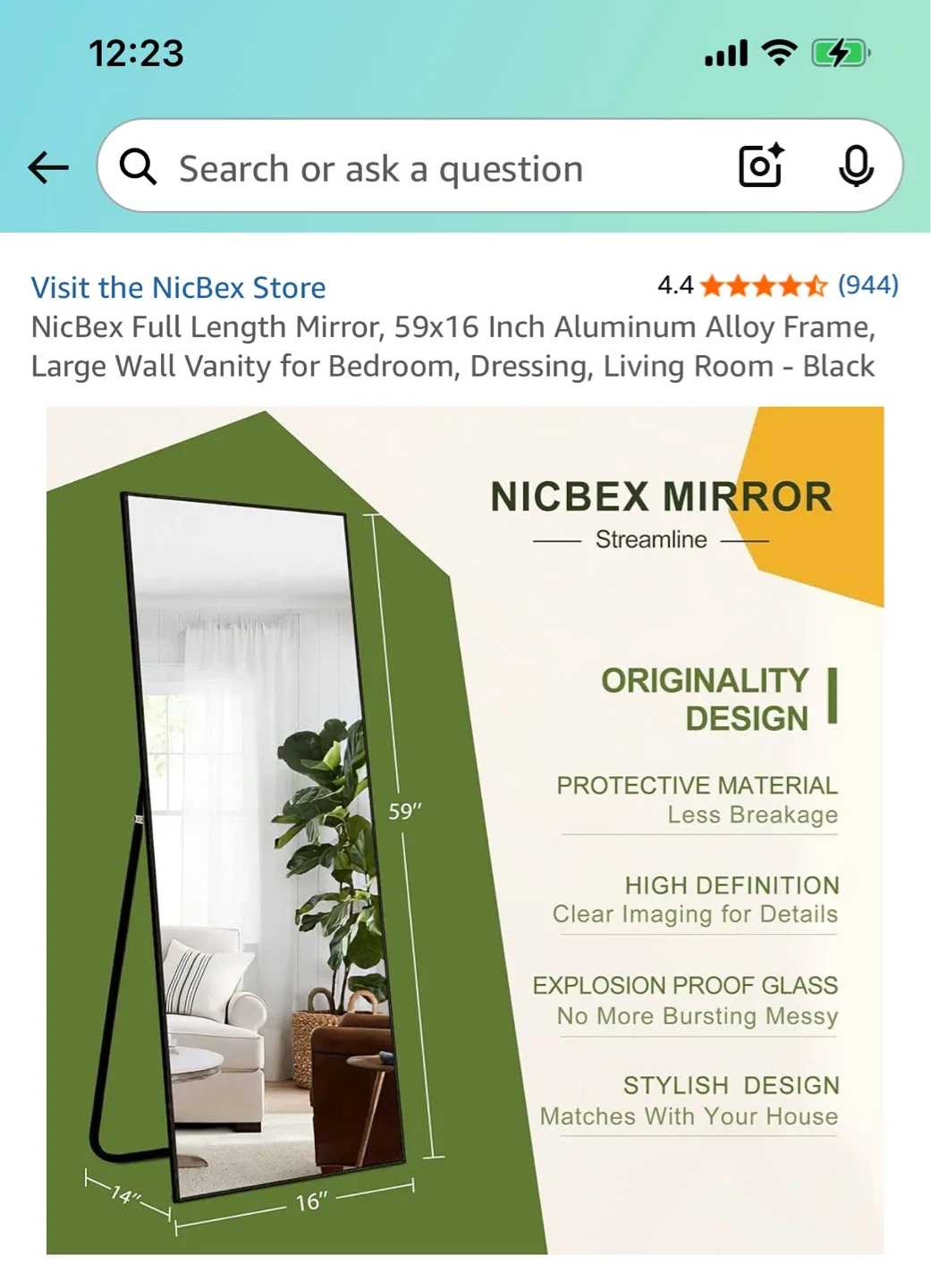 Full Length Mirror 59x16 Black (orig. $108) image indicator(2)