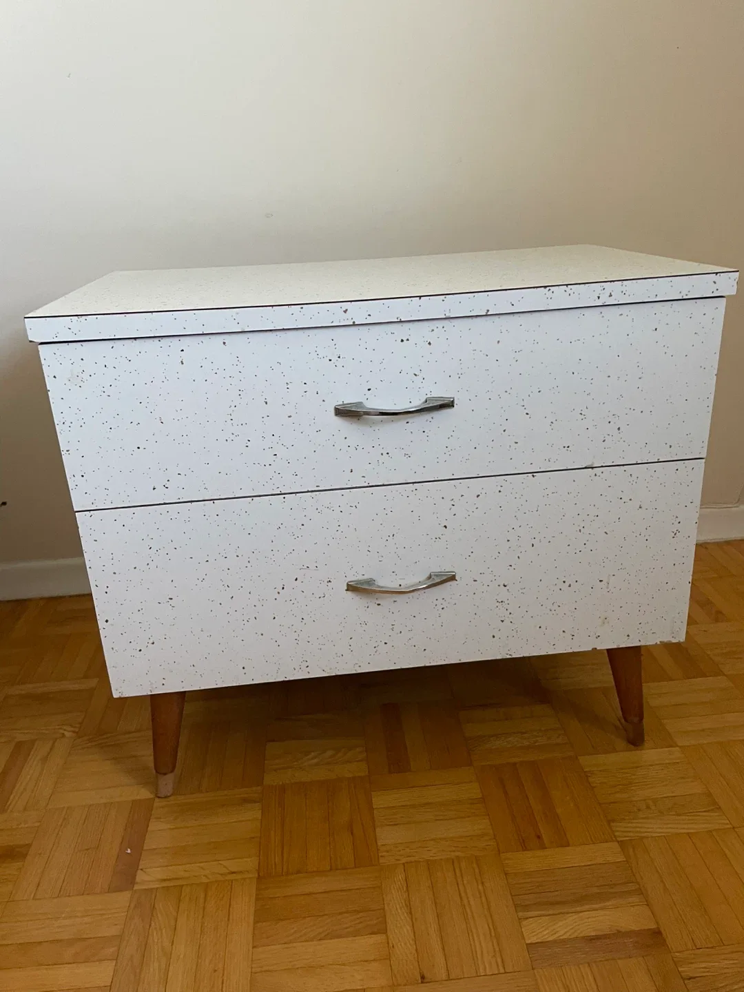 Vintage White Speckled 2-Drawer Dresser image indicator(10)