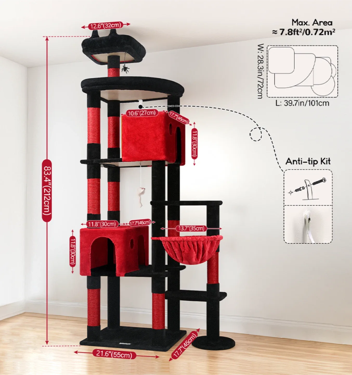 83” Red & Black Cat Tree – Bold Style Condo Tower for Large Cats image indicator(2)