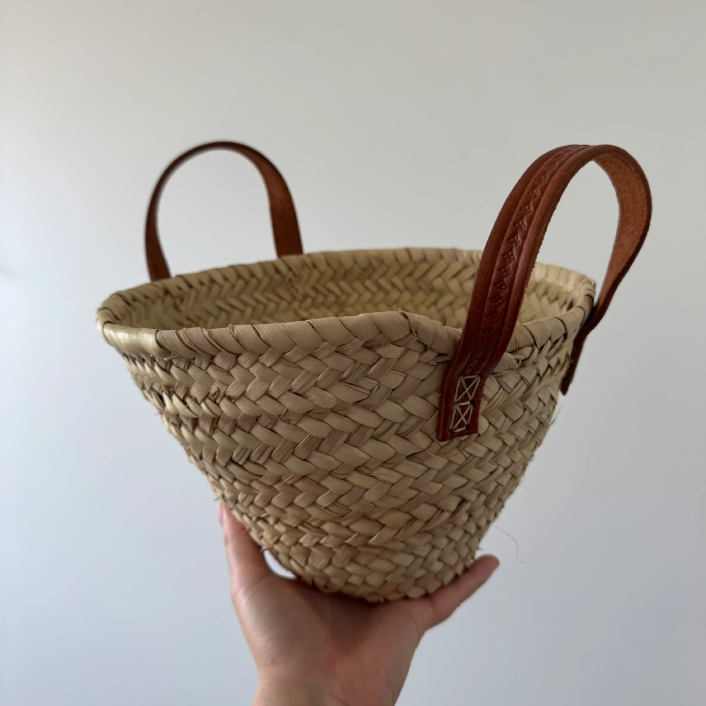 Woven Straw Basket with Leather Handles
