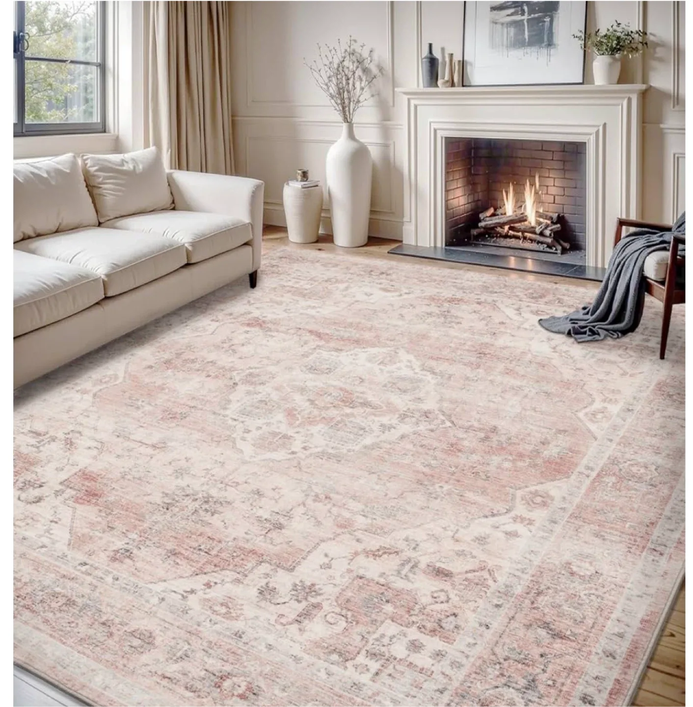 Area Rug, 8ft x 10ft, Pink/Beige thumbnail