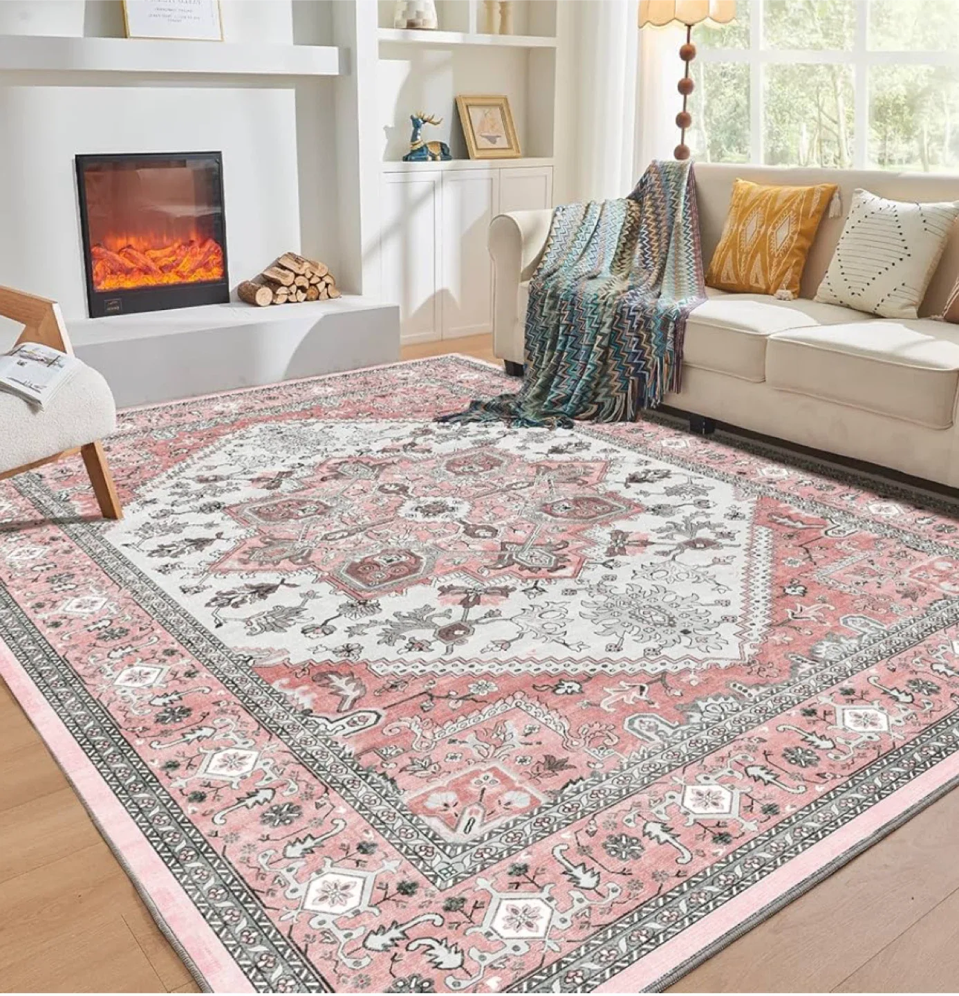 Pink Patterned Area Rug 8x10 ft- Faux Cashmere thumbnail