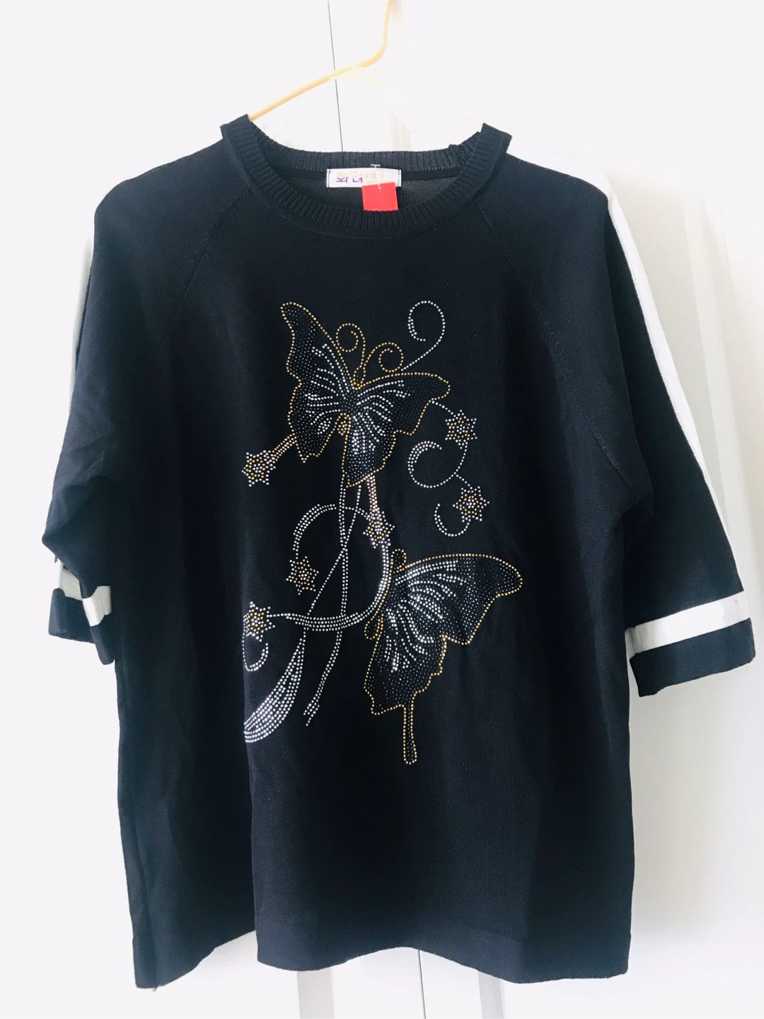 Korean-Style Black Butterfly Embellished Top