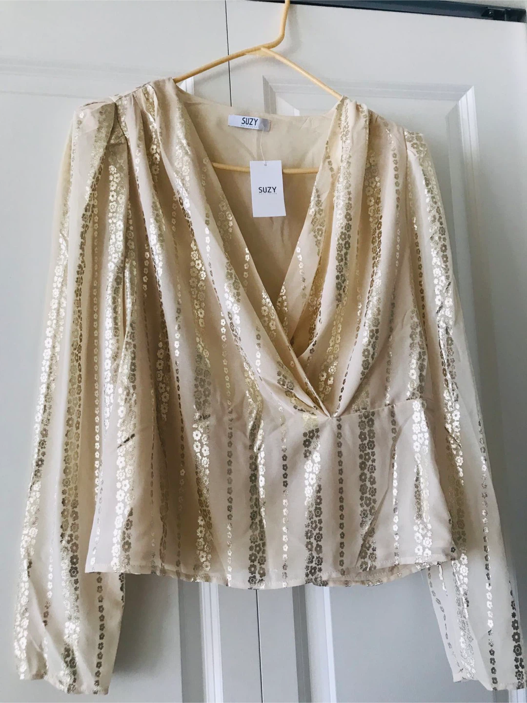 Suzy Shier Gold & Beige Blouse - Size M