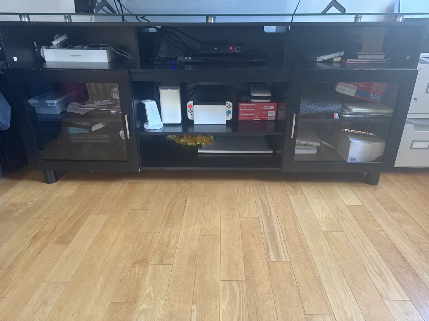 Black TV Stand with Glass Doors thumbnail