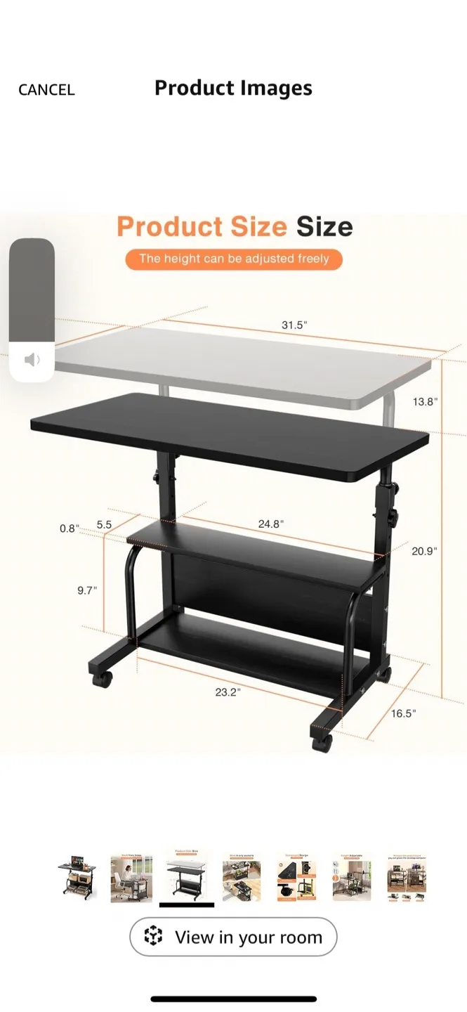 Rolling Desk on Wheels - Black image indicator(4)