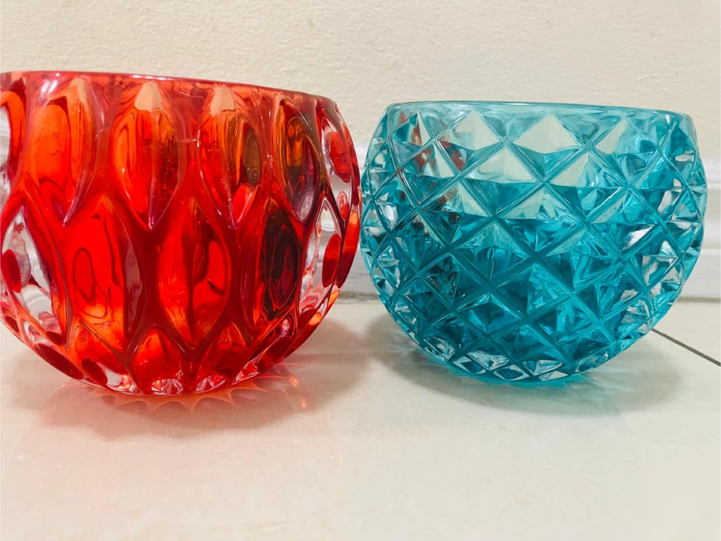 Red & Blue heavy Glass Candle Holders (Set of 2)