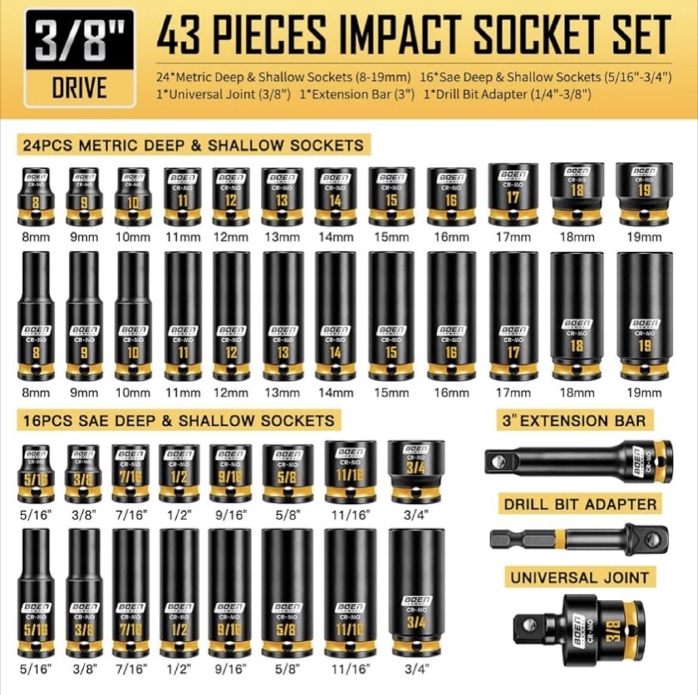 BOEN 43-Piece 3/8" Drive Impact Socket Set - photo 5