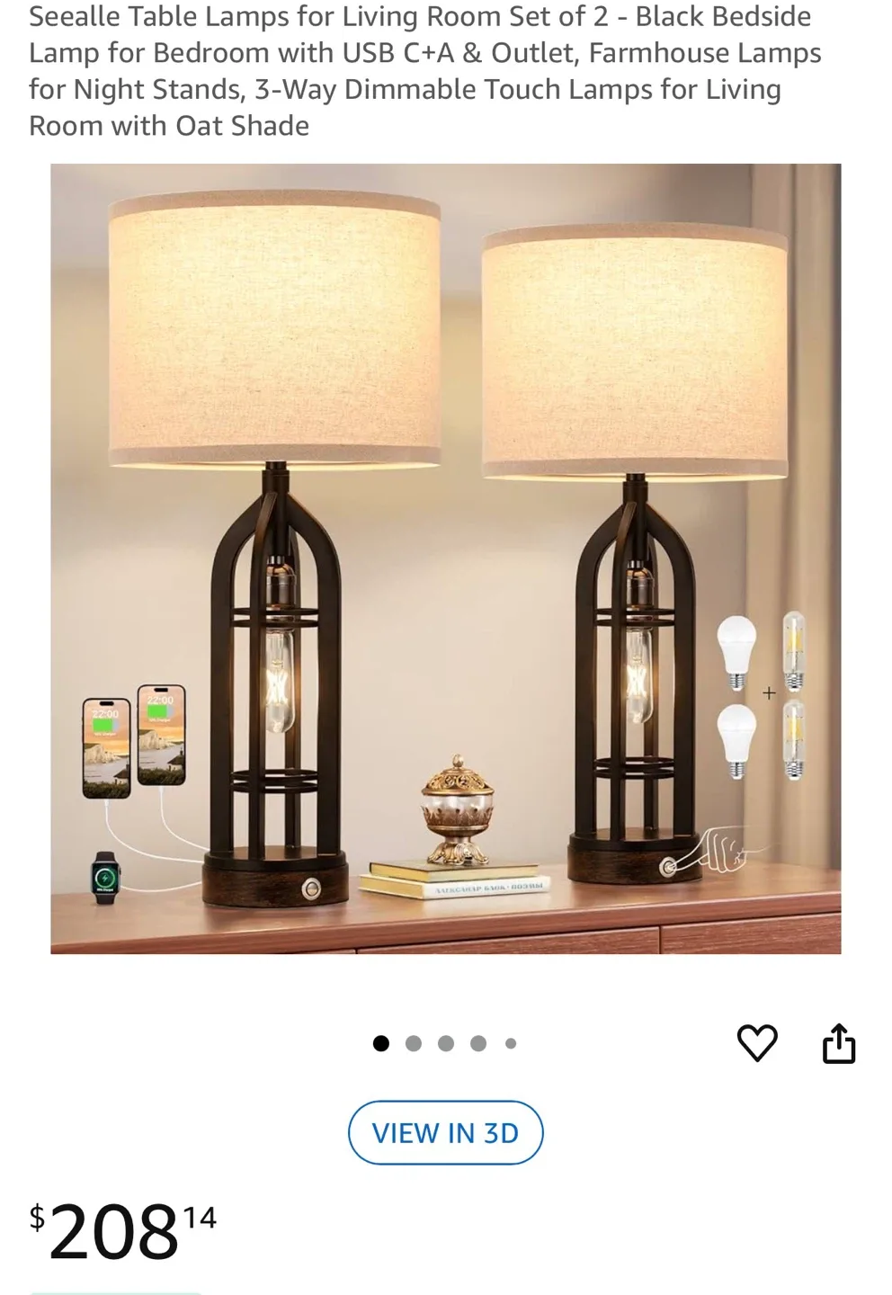 Black Bedside Table Lamp with USB Charging Port thumbnail