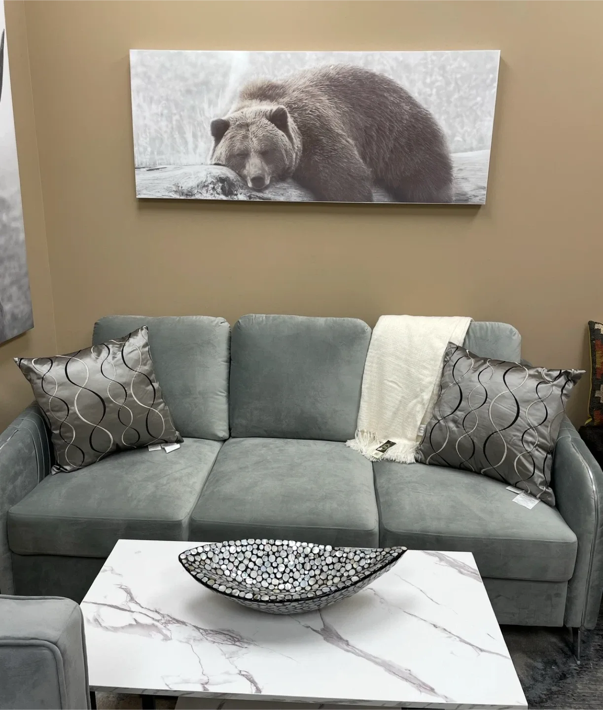 New grey velvet floor model sofa