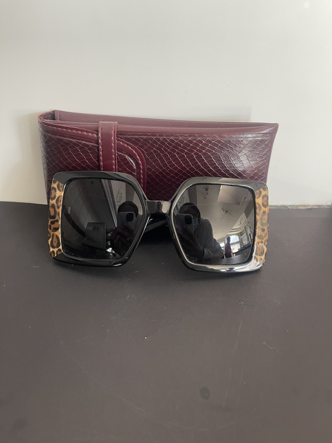 SALE AGAIN - Square Black Sunglasses with Leopard Print Detail