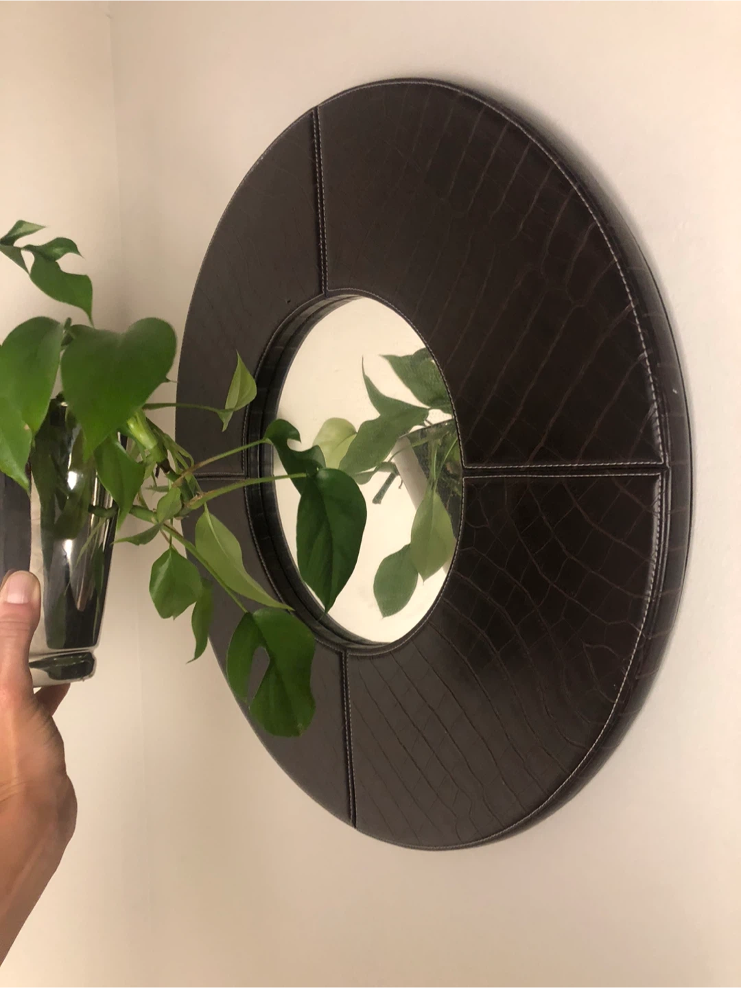 Brown Faux Leather Round Mirror