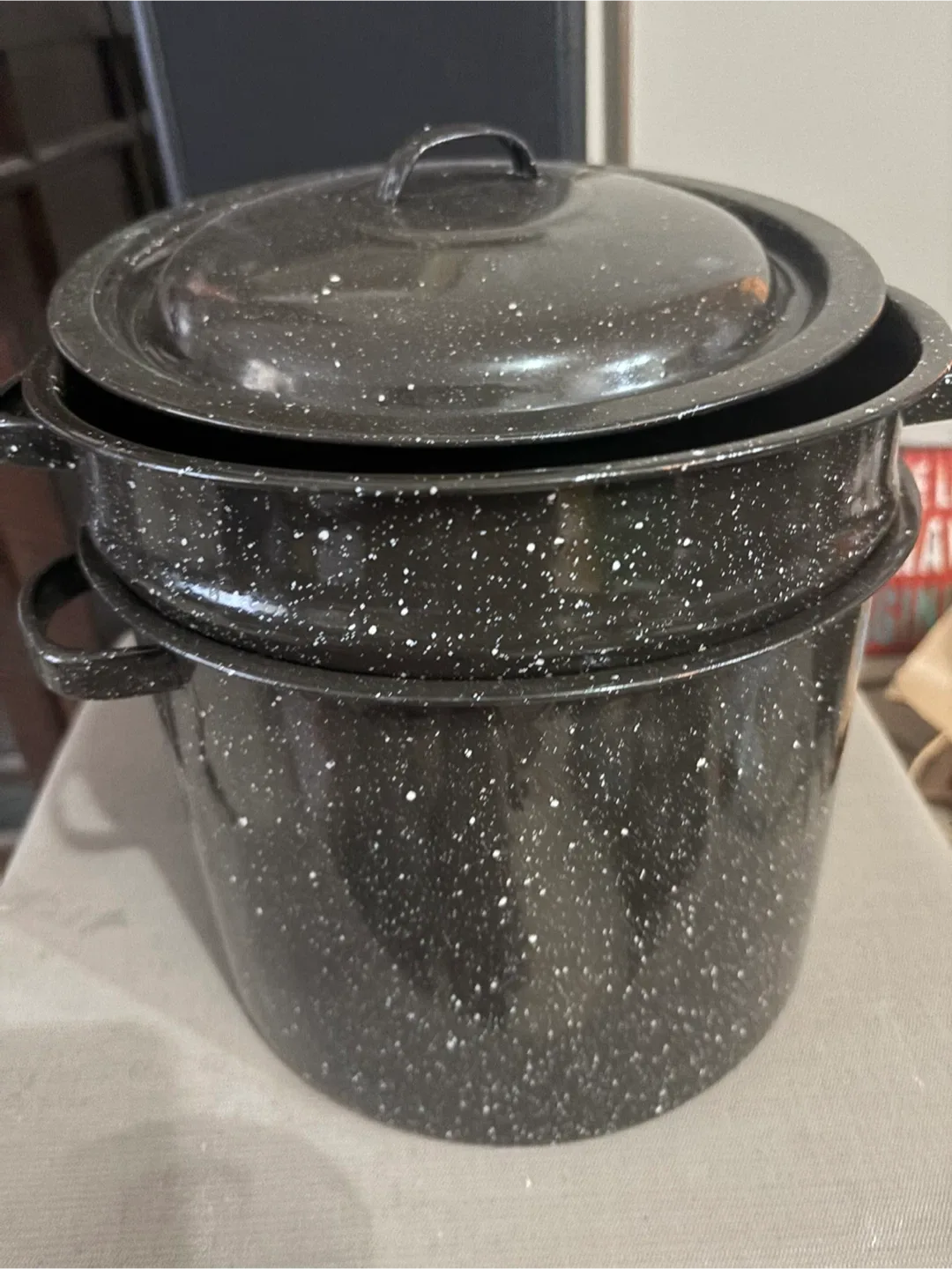 Speckled Black Enamel Stock Pot with Steamer thumbnail
