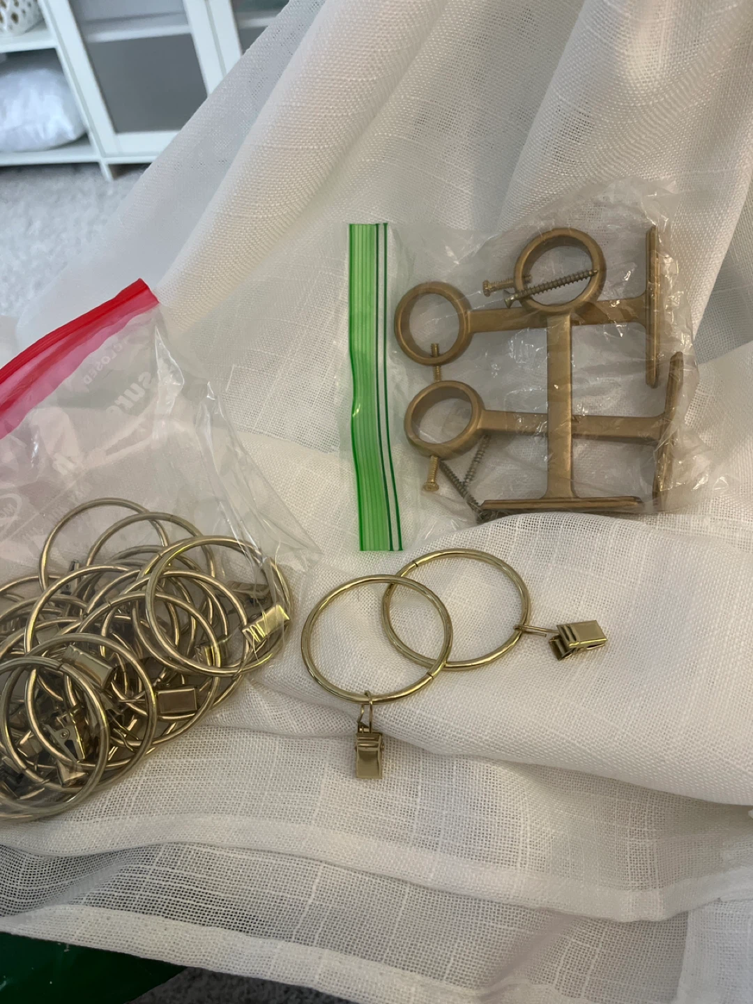 Curtain rings brackets or wall brackets, gold metal w/ hardware