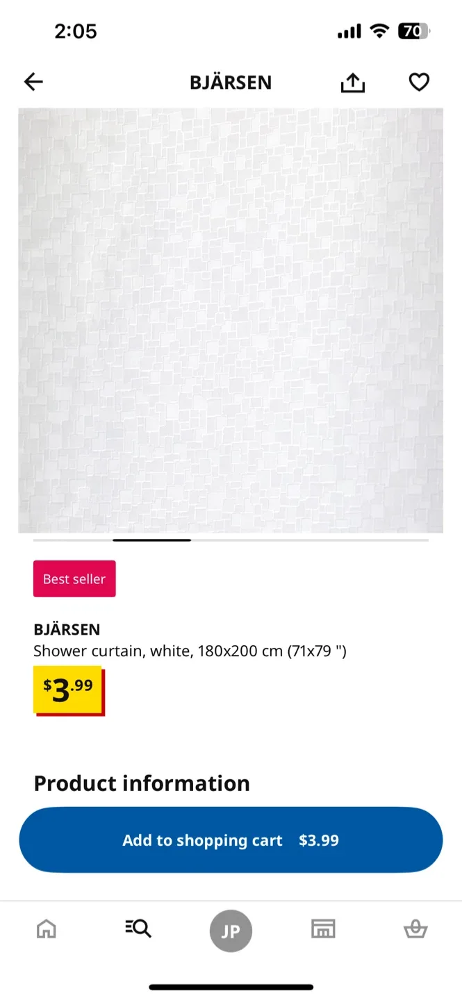 IKEA BJÄRSEN Shower Curtain - White, 180x200 cm