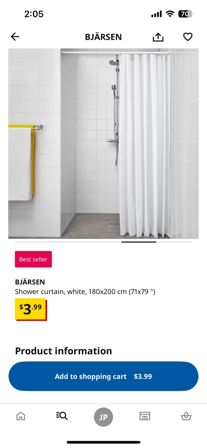 IKEA BJÄRSEN Shower Curtain - White, 180x200 cm - photo 2