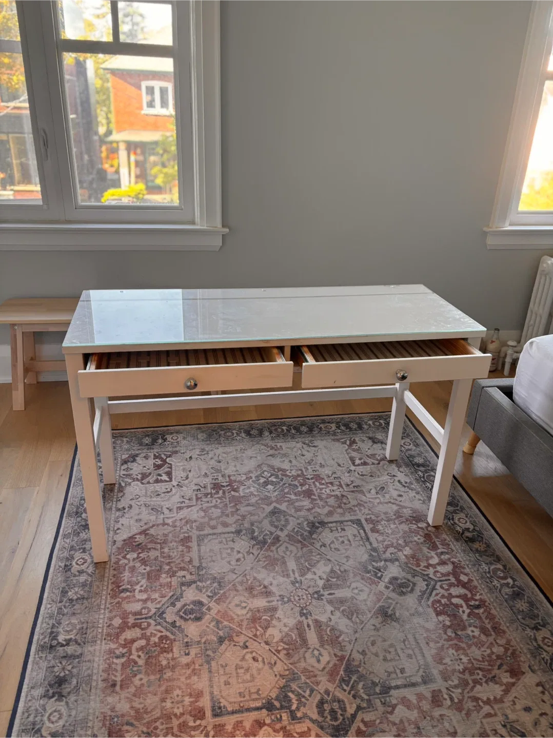 Hemnes IKEA Desk - White with 2 drawers & glass top image indicator(3)