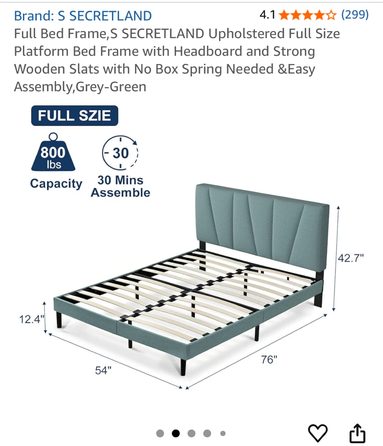 Full Size Bed Frame - Grey-Green - photo 3