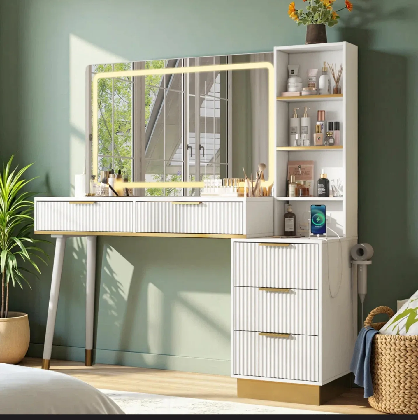 White Vanity Makeup Table with Lighted Mirror & Shelves thumbnail