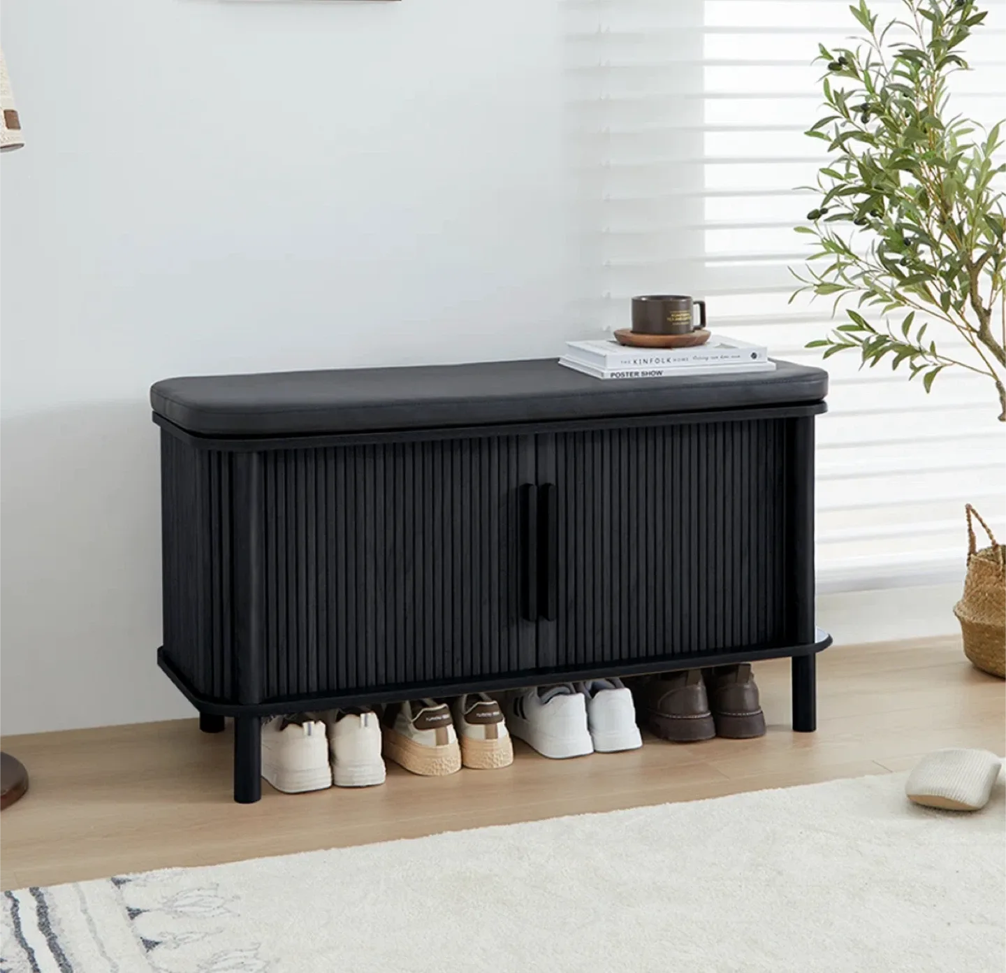 Black Shoe Storage Bench with Padded Seat image indicator(2)