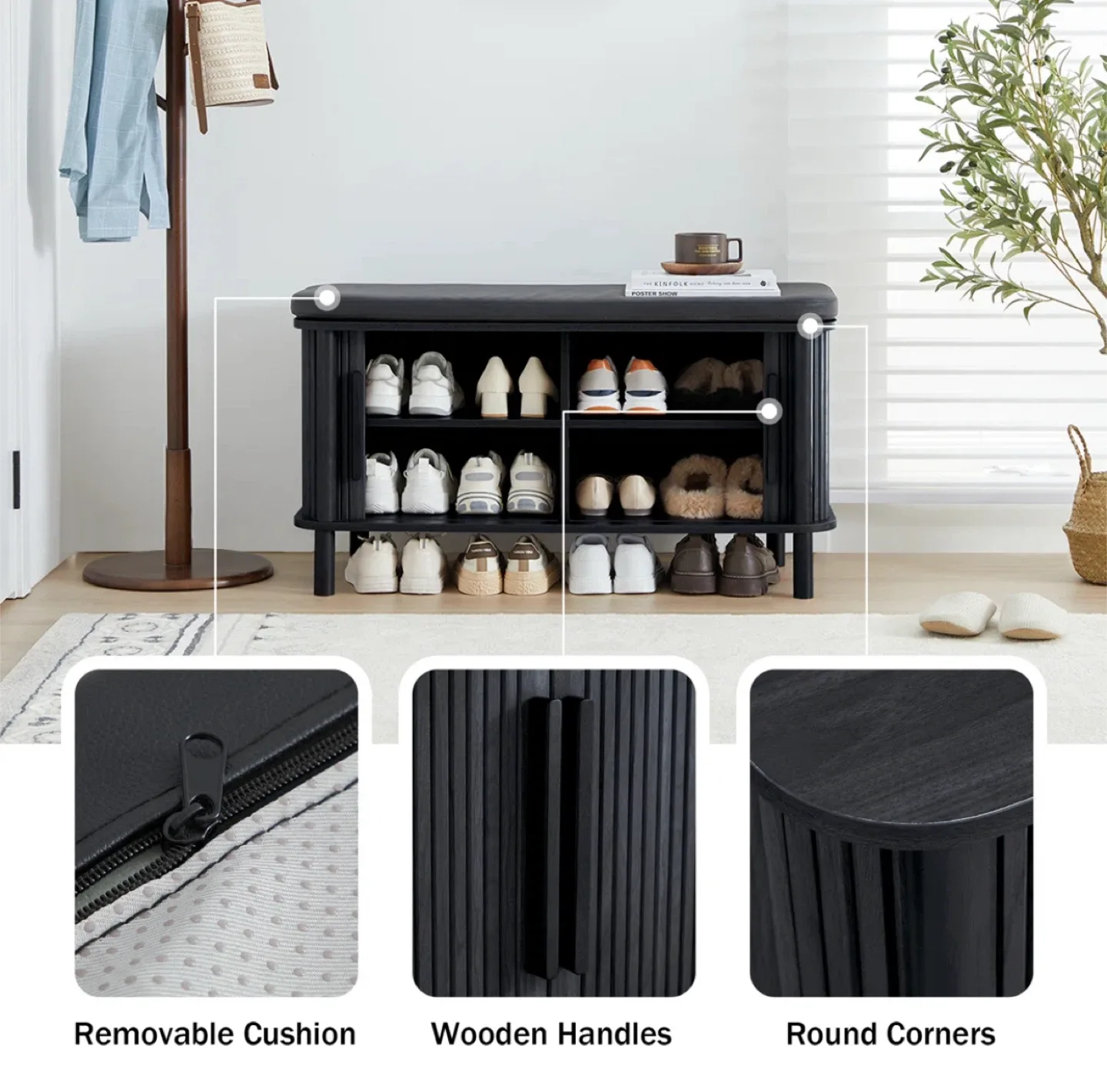 Black Shoe Storage Bench with Padded Seat image indicator(7)