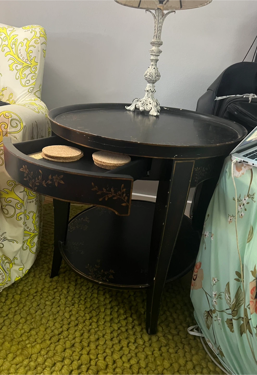 Antique Black Round Side Table with Floral Design