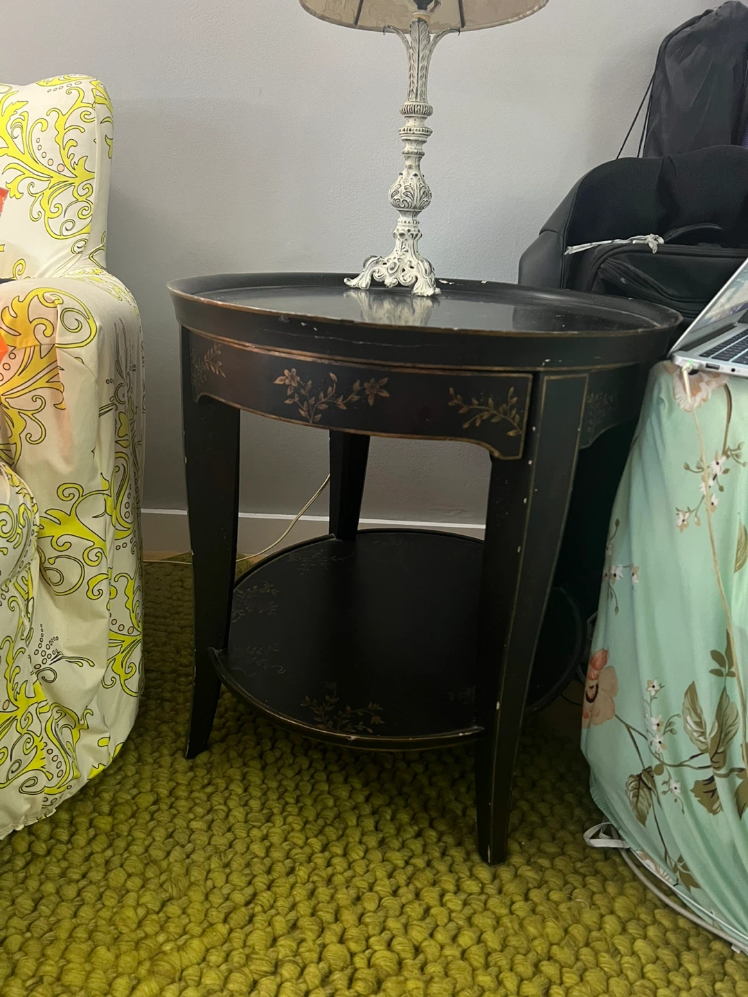Antique Black Round Side Table with Floral Design - photo 2