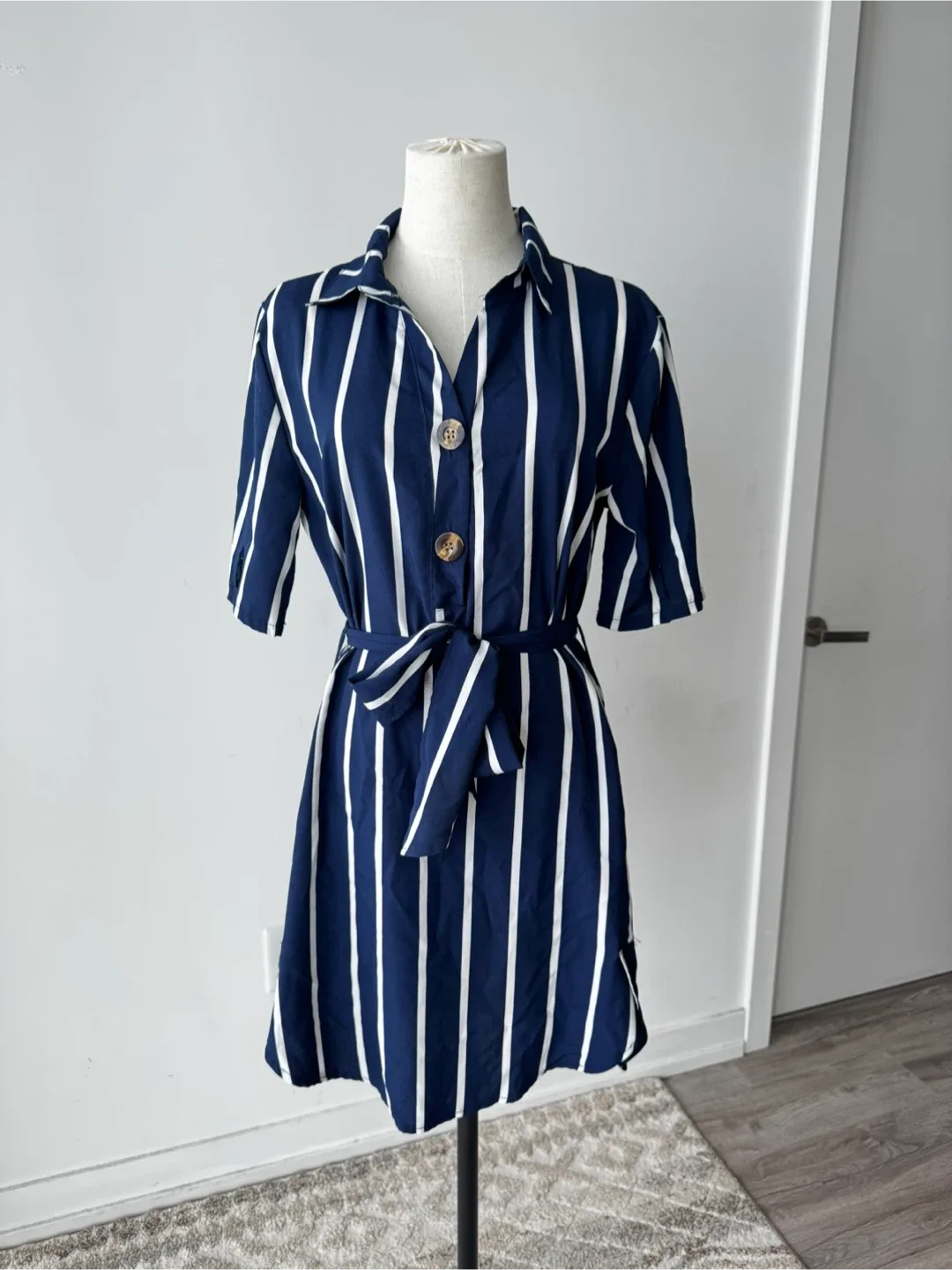 Striped Shirt Dress - Navy & White thumbnail
