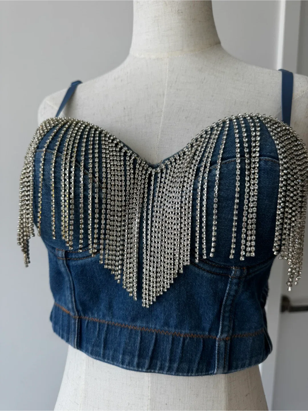 Denim Rhinestone Fringe Bustier Top thumbnail
