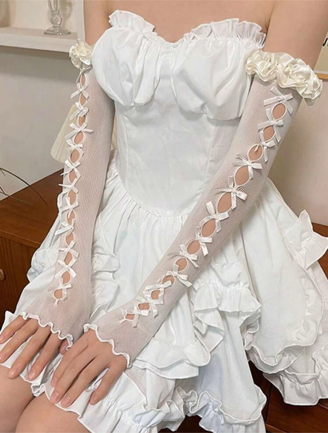 White Lace Bow Arm Sleeves, Y2K gloves