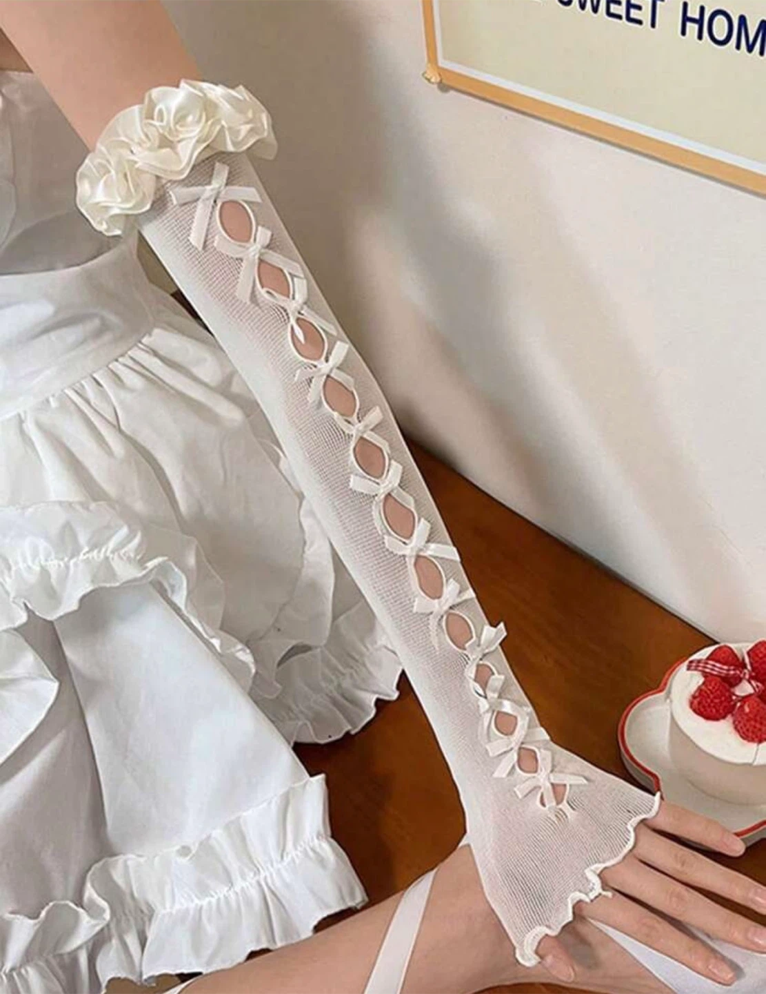 White Lace Bow Arm Sleeves, Y2K gloves - photo 2