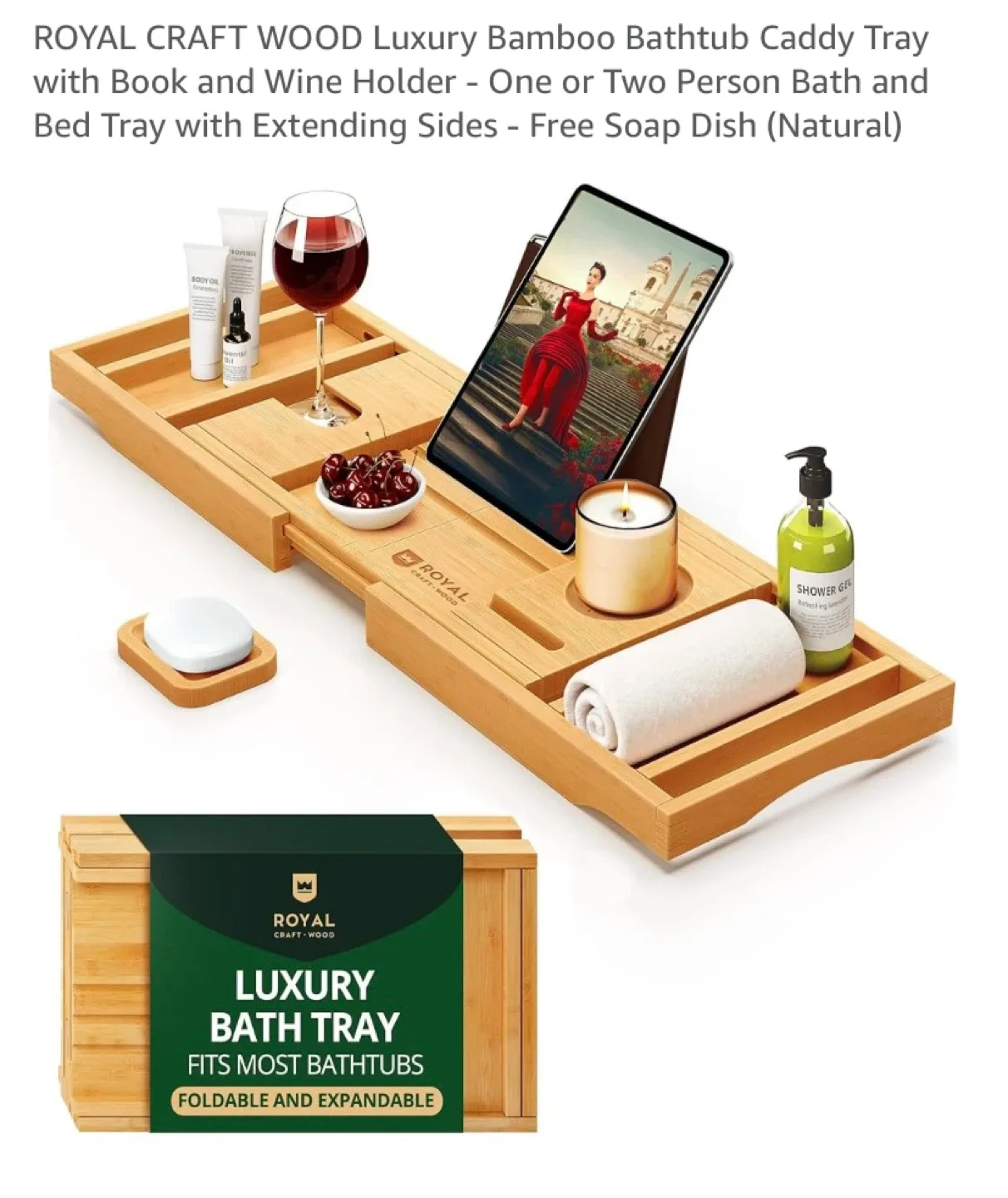New Luxury Bamboo Bathtub Caddy Tray with Book and Wine Holder thumbnail