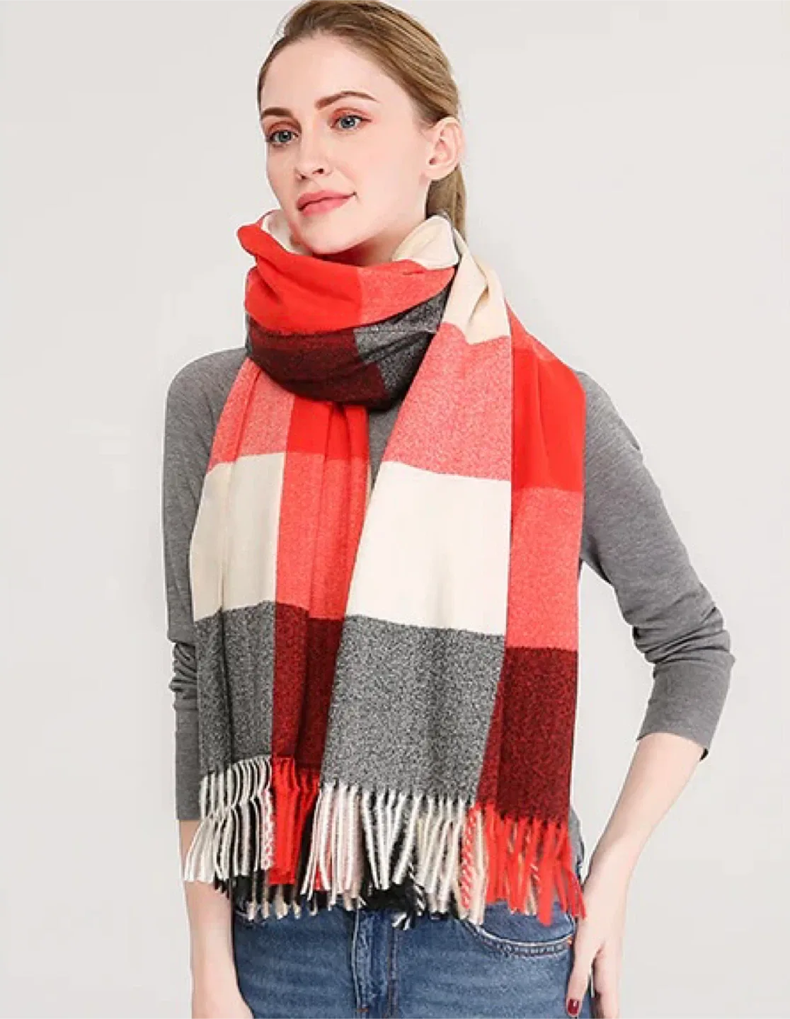 Plaid Scarf with Fringe - Red, Grey, White thumbnail