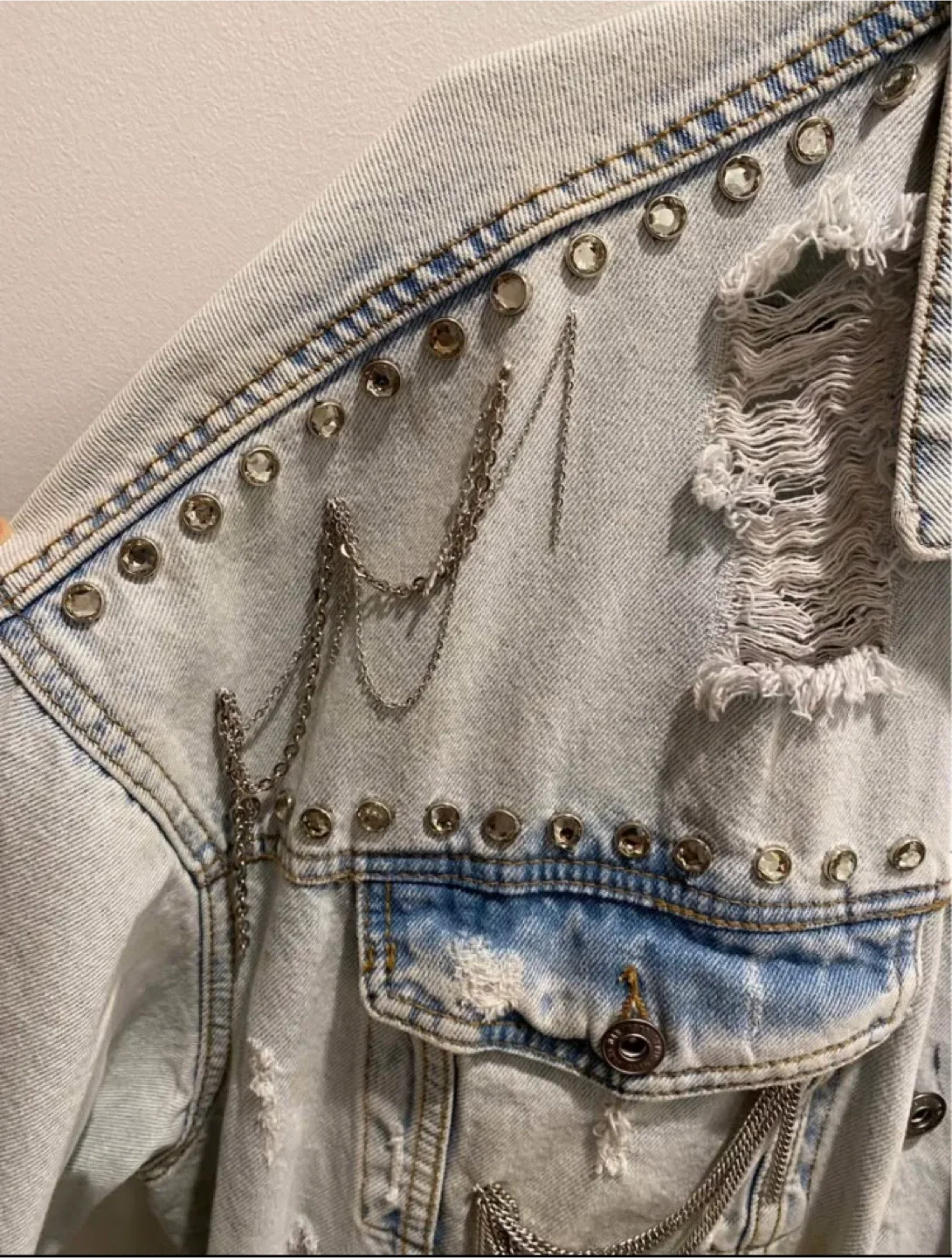 Light Blue Denim Jacket Distressed OneSize Biker Style image indicator(2)