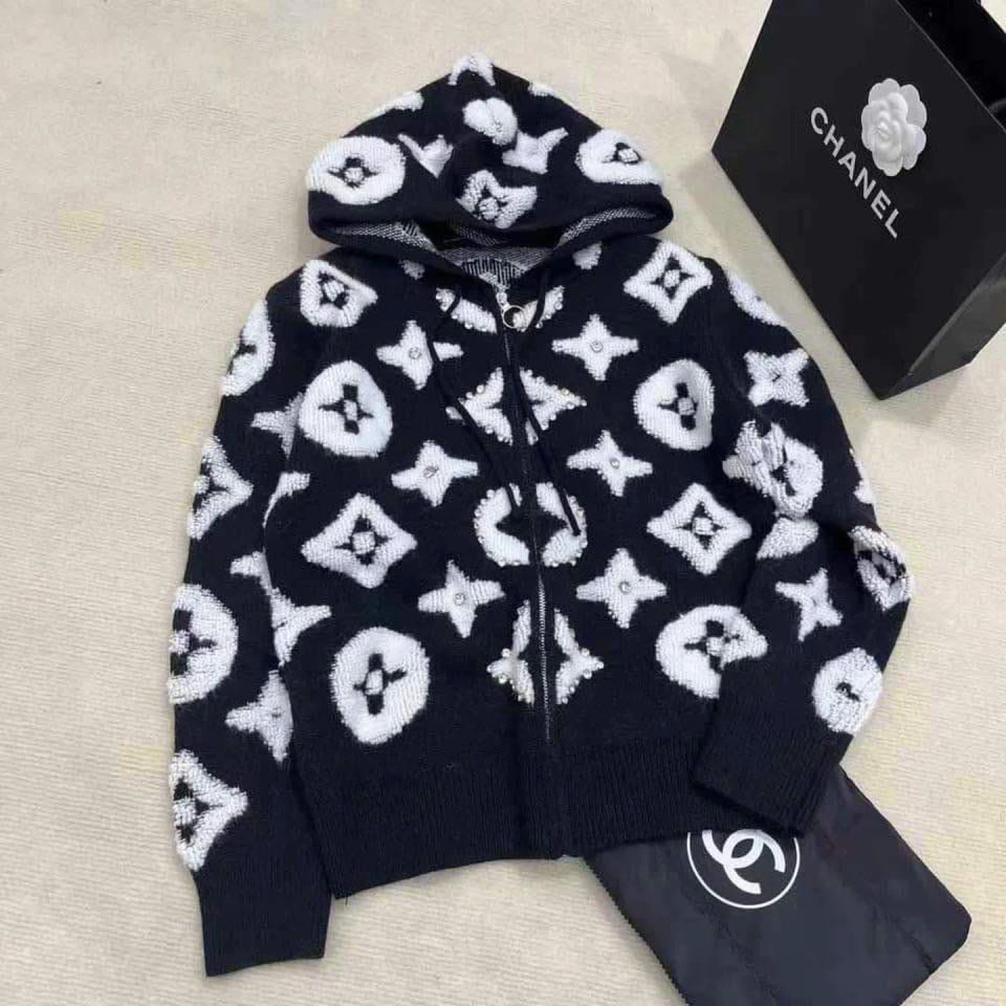 CElINE  Inspired Black & White Knit Zip-Up Hoodie - photo 5