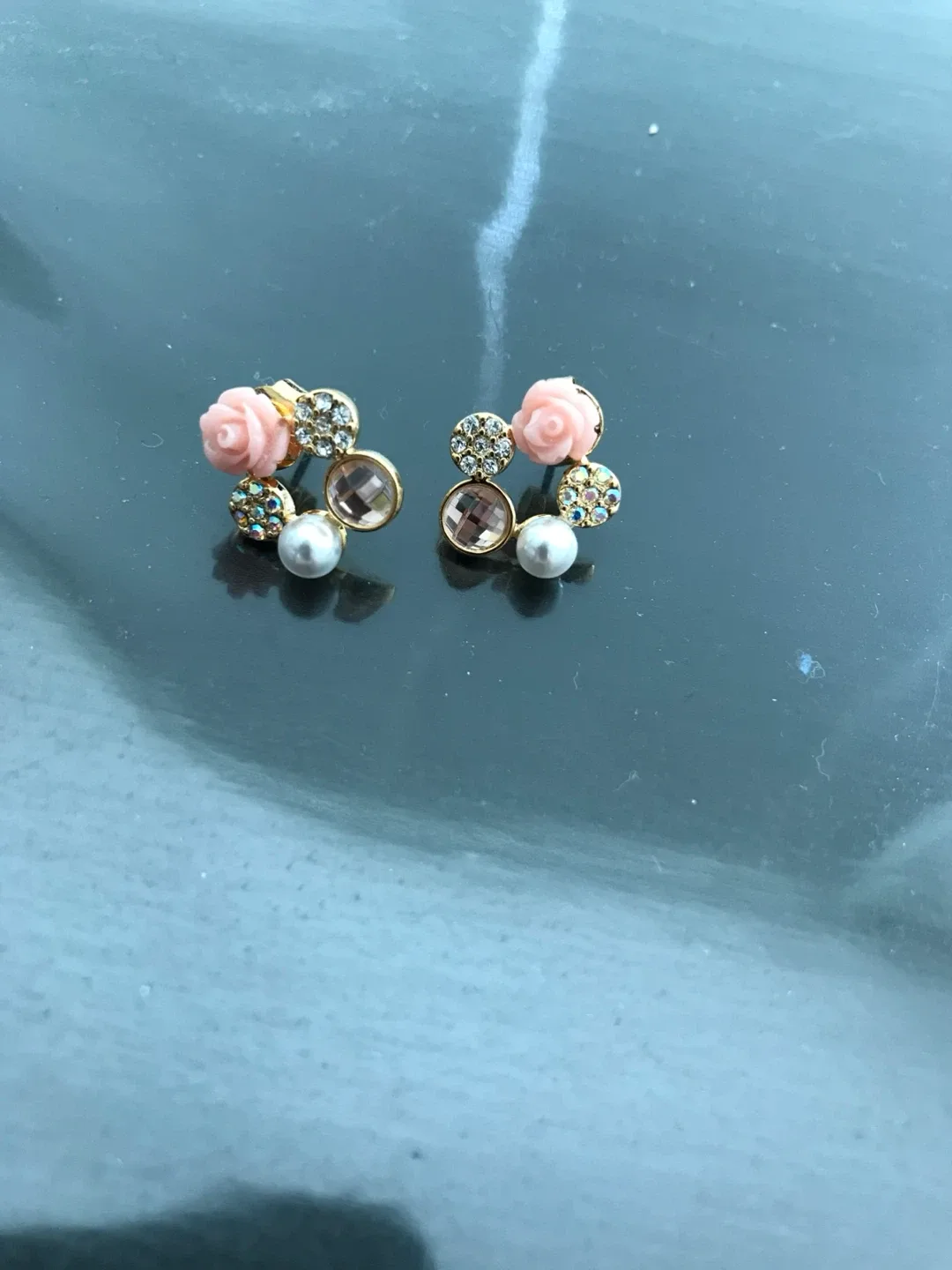 Rose Stud Earrings - Pink & Gold thumbnail