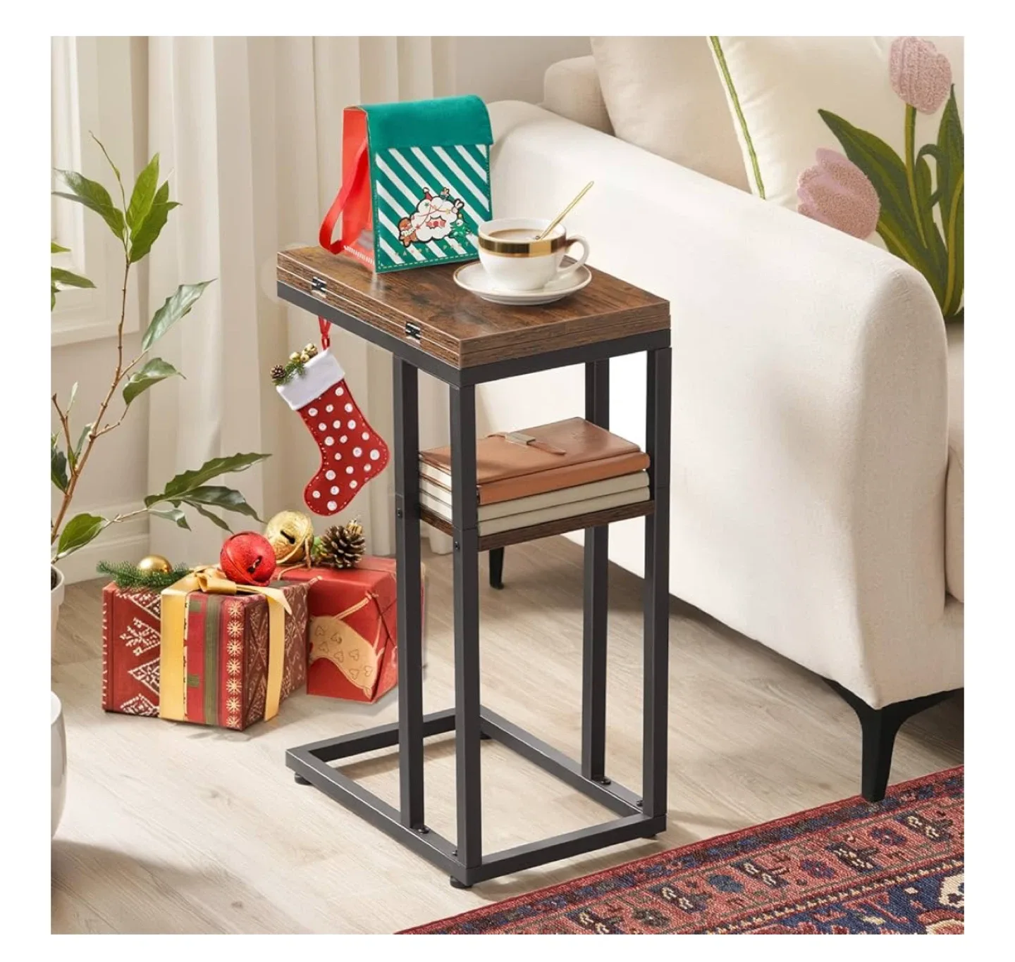Brown C-Shaped End Table with Shelf image indicator(4)