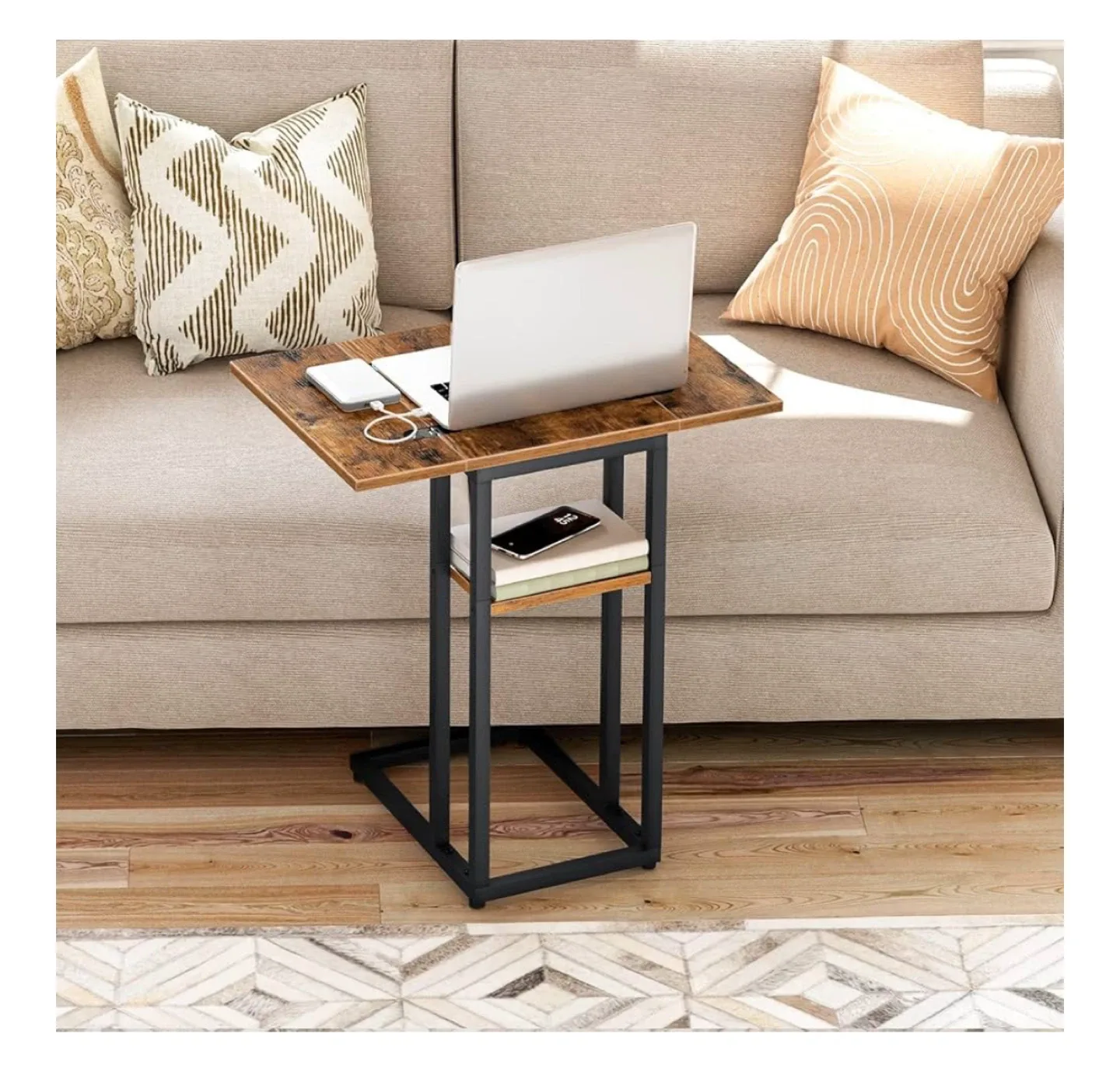 Brown C-Shaped End Table with Shelf image indicator(5)