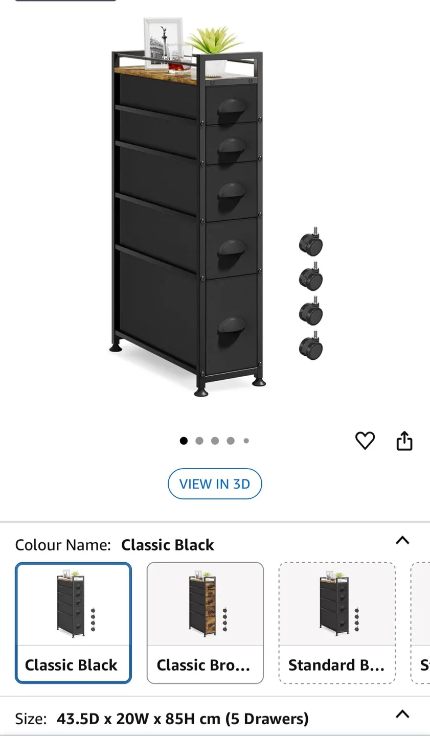 Narrow Rolling Cart with 5 Drawers - Classic Black thumbnail
