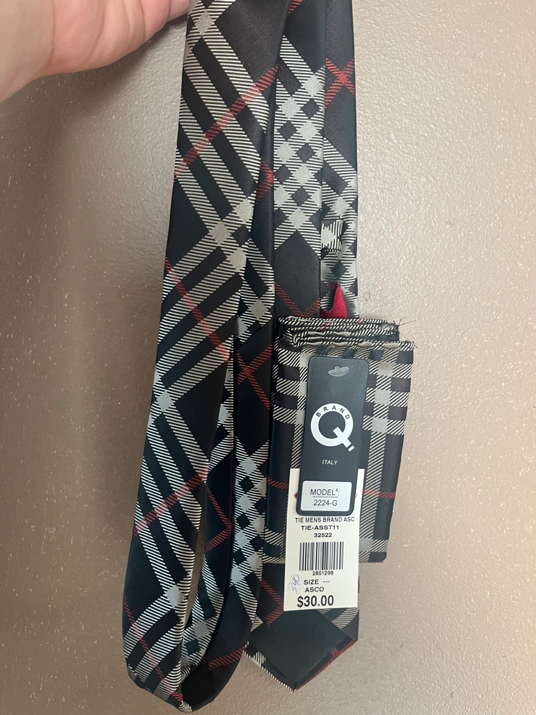 Brand Q Italy Men's Tie - Black, White, Red Plaid - photo 2