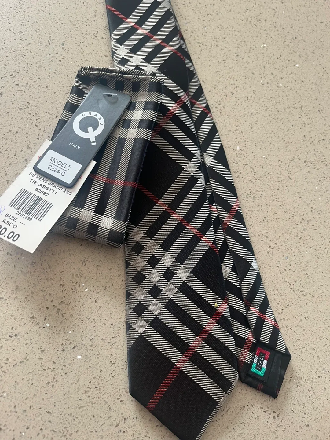 Brand Q Italy Men's Tie - Black, White, Red Plaid image indicator(5)