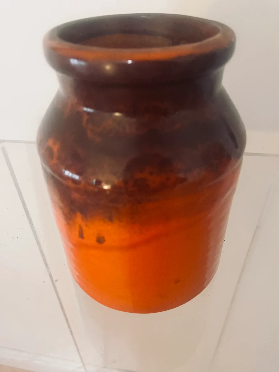 Vintage Orange & Brown Glazed Pottery Jar