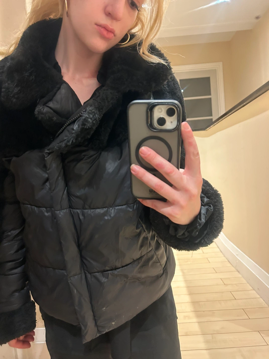 Black Puffer Jacket with Faux Fur Trim - photo 4