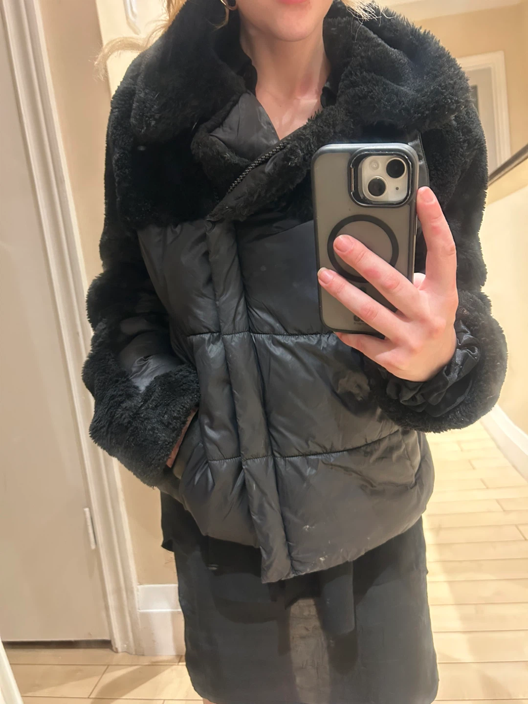 Black Puffer Jacket with Faux Fur Trim - photo 3
