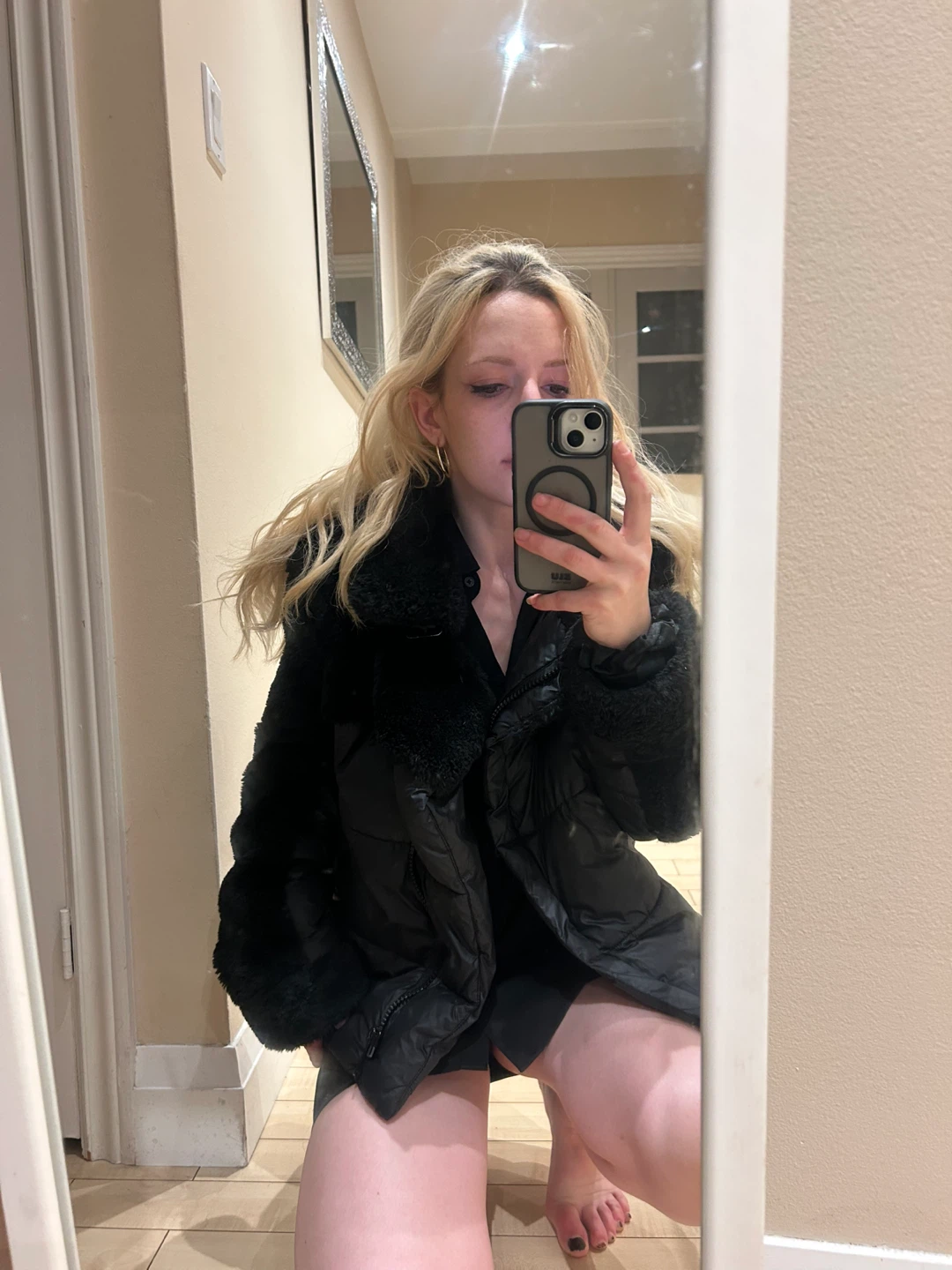 Black Puffer Jacket with Faux Fur Trim