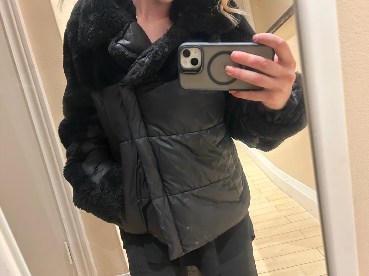 Black Puffer Jacket with Faux Fur Trim - photo 5