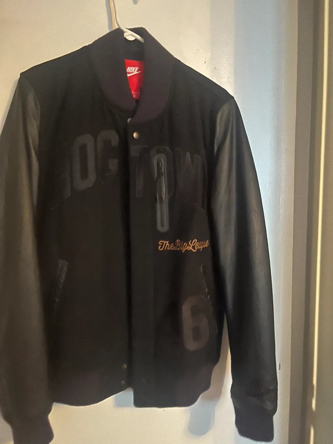 Nike Black Leather Sleeve Varsity Jacket thumbnail