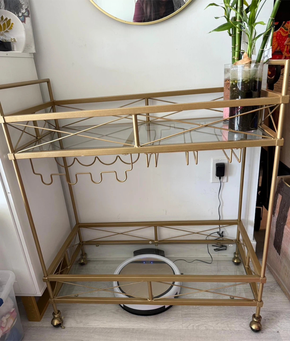 Gold Bar Cart with Glass Shelves
