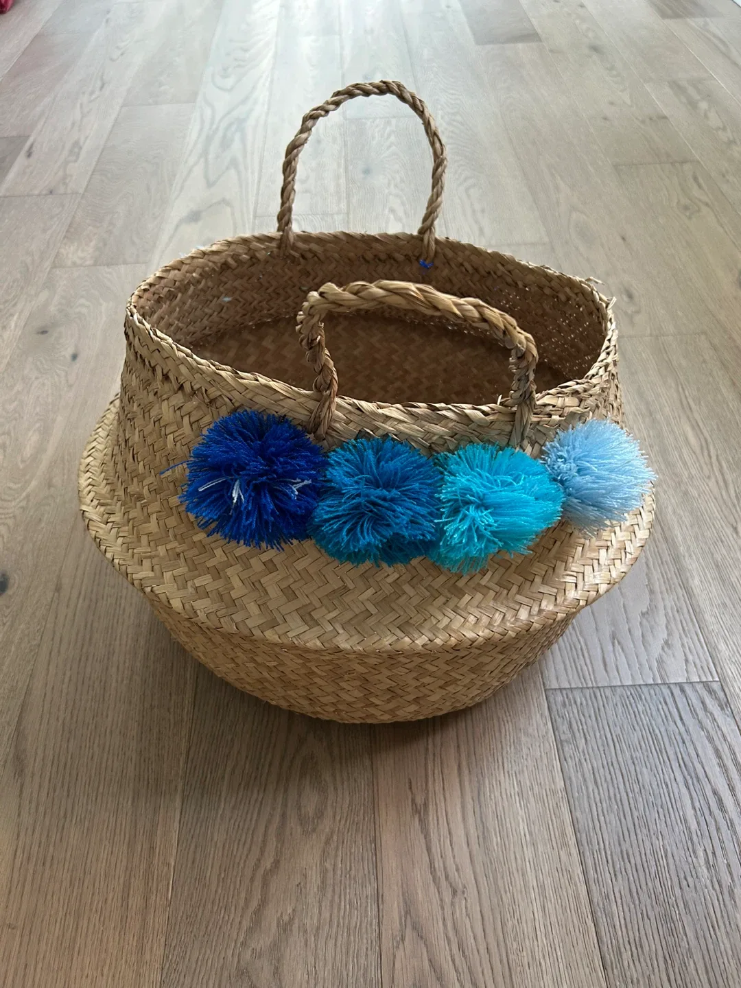 Woven Basket Bag with Blue Pom Poms thumbnail